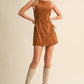 SUEDE SIDE LACE UP SLEEVELESS BOAT NECK MINI DRESS