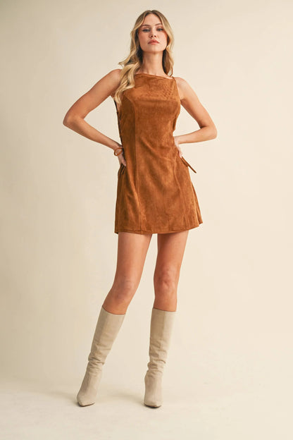 SUEDE SIDE LACE UP SLEEVELESS BOAT NECK MINI DRESS - Southern Sassy Boutique