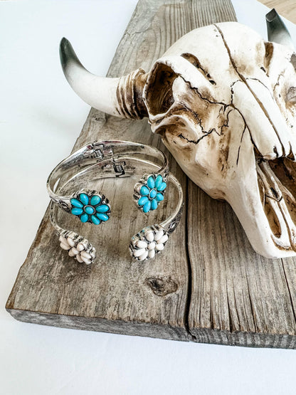 Western Flower Stone Hinge Bangle Bracelet - Southern Sassy Boutique