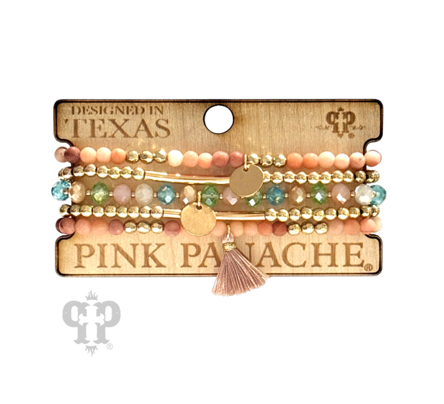 Colorful and gold bead charm bracelet stack