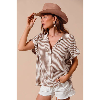 PLACKET DOLMAN STRIPE SHIRT BLOUSE TOP