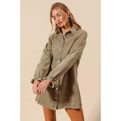 Washed Color Denim Button Down Shirt Mini Dress - Southern Sassy Boutique
