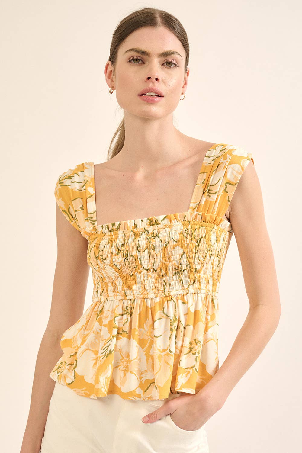 Smocked Floral Square Neck Shoulder Strap Blouse
