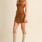 SUEDE SIDE LACE UP SLEEVELESS BOAT NECK MINI DRESS