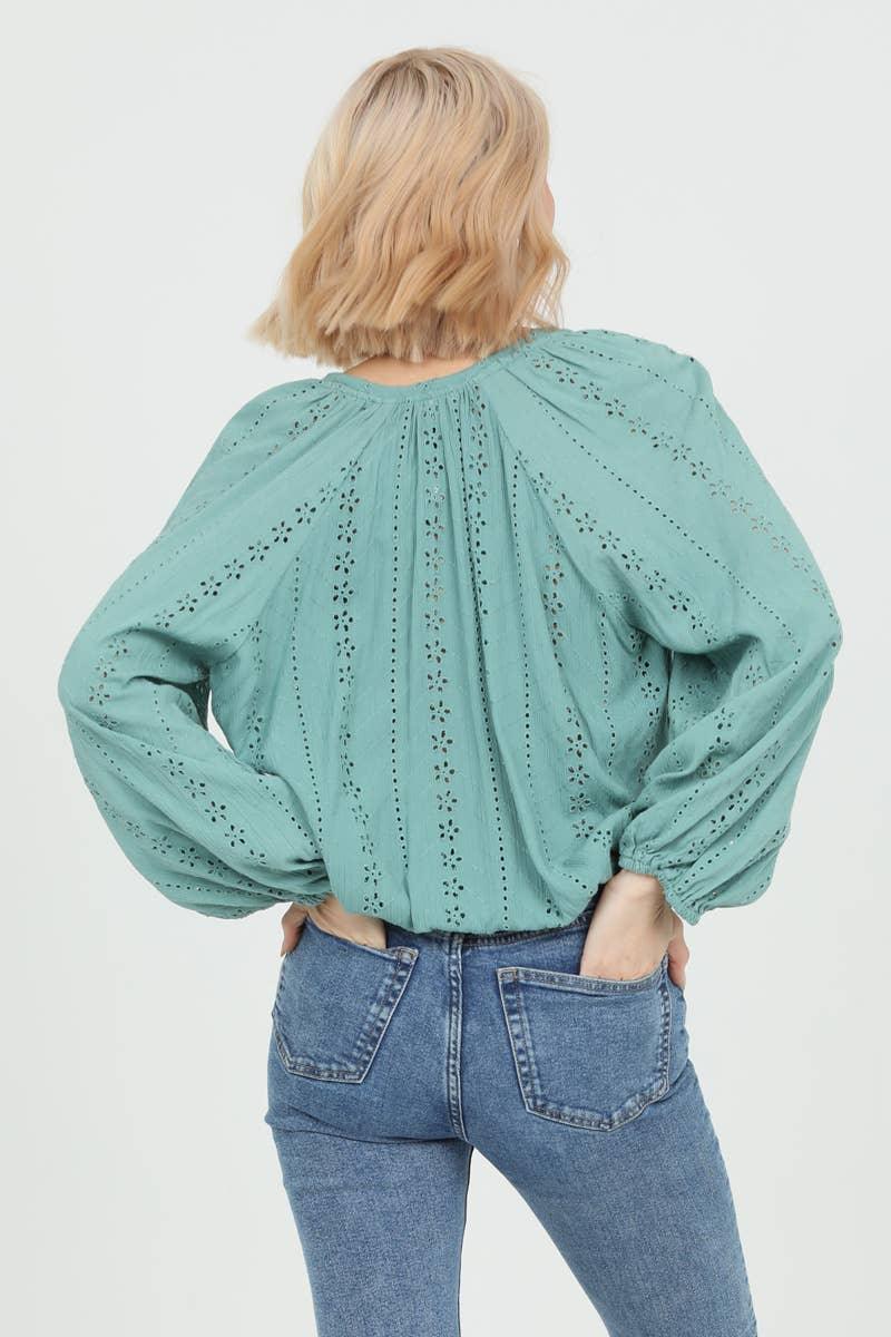 EYELET EMBROIDERED BUTTON FRONT BLOUSE