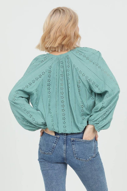 EYELET EMBROIDERED BUTTON FRONT BLOUSE
