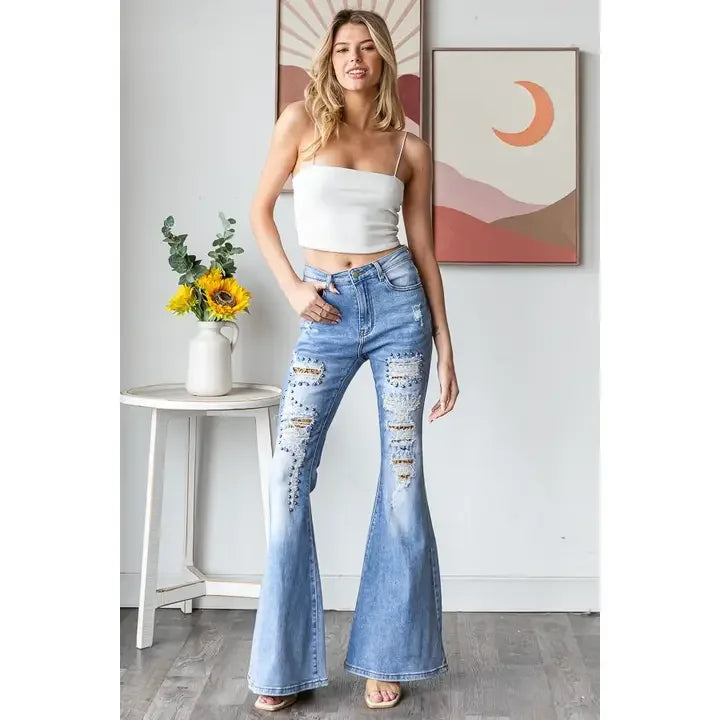 Stretchy Flare Studded Denim - Southern Sassy Boutique