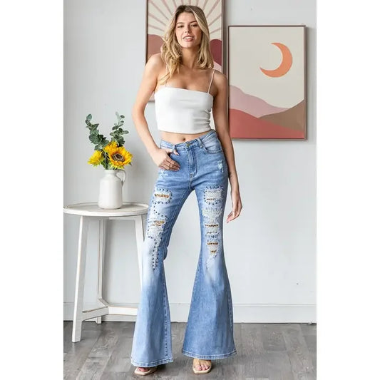 Stretchy Flare Studded Denim - Southern Sassy Boutique