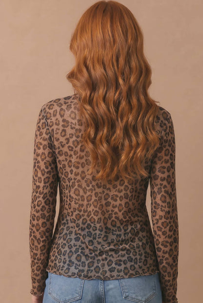 High Neck Long Sleeve Leopard Mesh Top