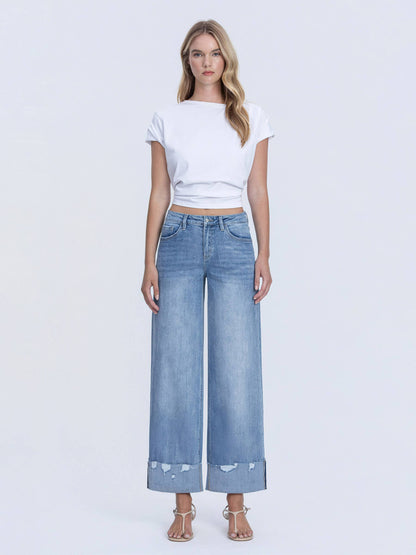 HIGH RISE MEDIUM WASH CUFFED WIDE JEANS LV1604