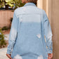 Light Wash Distressed Frayed Long Denim Jacket