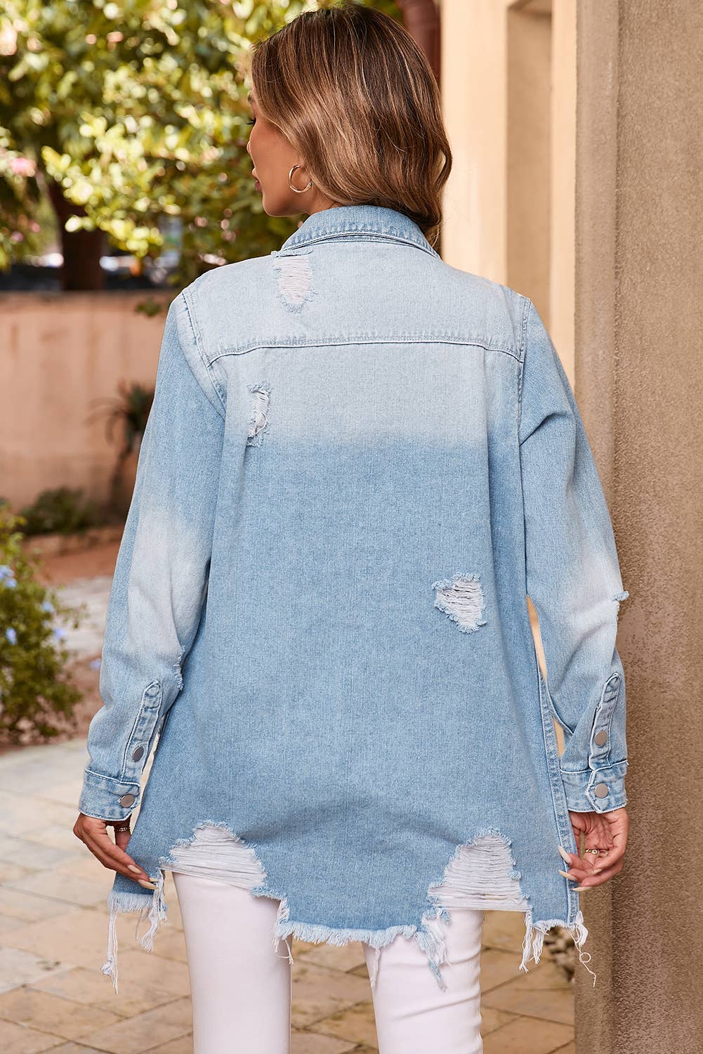 Light Wash Distressed Frayed Long Denim Jacket