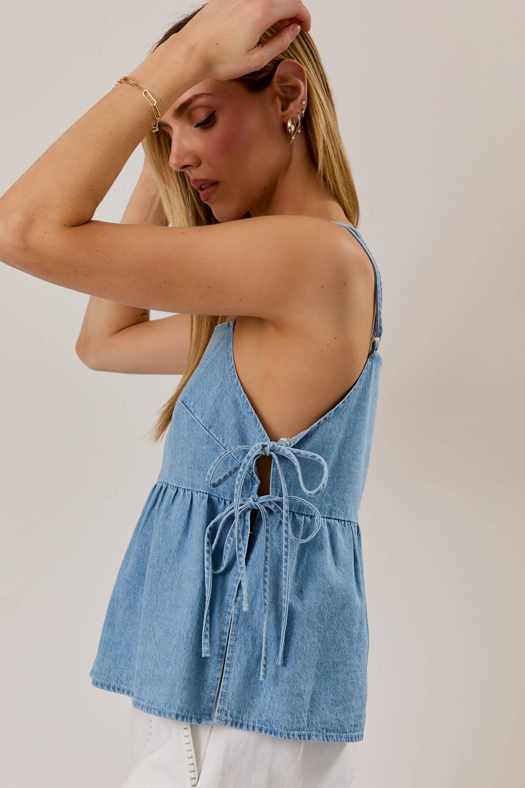 SQUARE NECK SIDE STRAPS LIGHTWEIGHT DENIM TOP