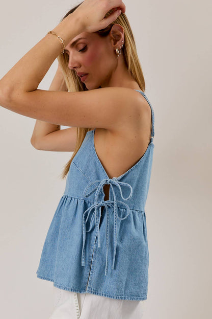SQUARE NECK SIDE STRAPS LIGHTWEIGHT DENIM TOP