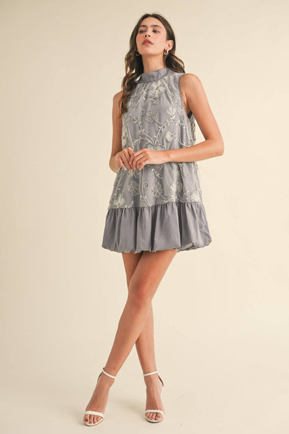 BUBBLE HEM EMBELLISHED MIXED MEDIA MINI DRESS