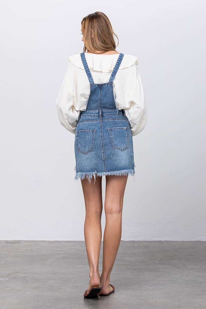 Frayed Hem Distressed Overall Denim Skirt