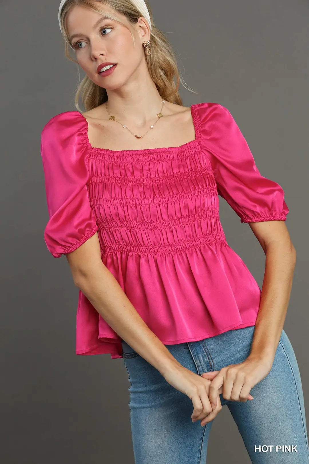 Satin Square Neck Puff Sleeve Smocked Peplum Top