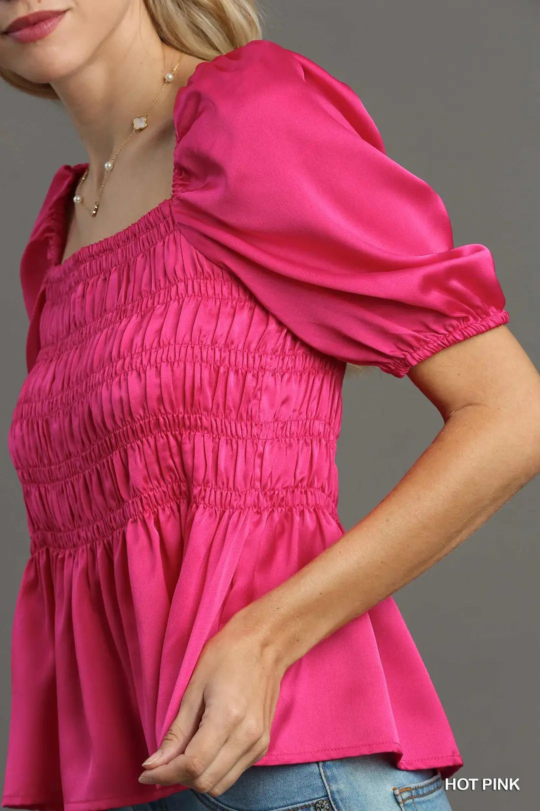 Satin Square Neck Puff Sleeve Smocked Peplum Top