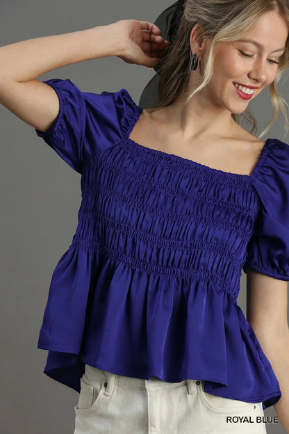 Satin Square Neck Puff Sleeve Smocked Peplum Top