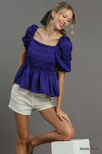 Satin Square Neck Puff Sleeve Smocked Peplum Top