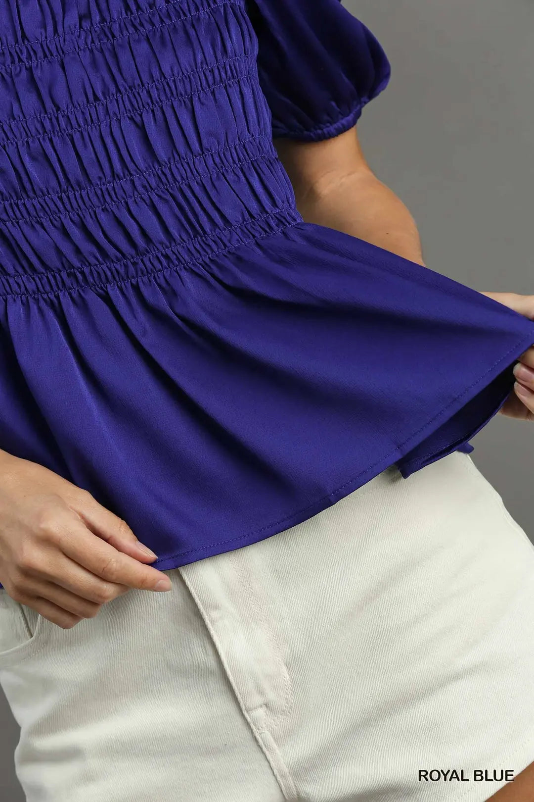Satin Square Neck Puff Sleeve Smocked Peplum Top