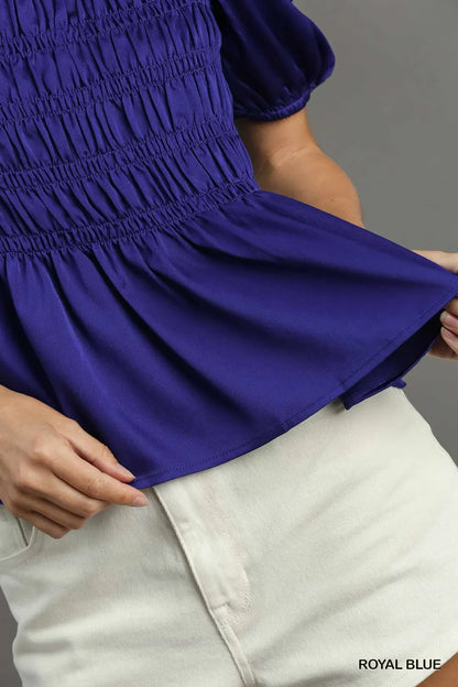 Satin Square Neck Puff Sleeve Smocked Peplum Top