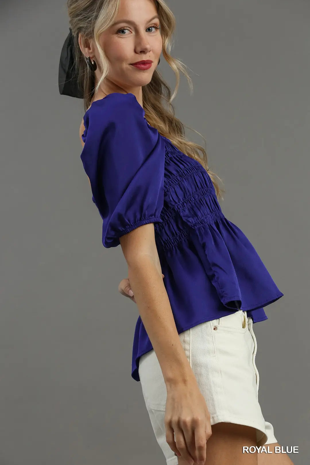 Satin Square Neck Puff Sleeve Smocked Peplum Top