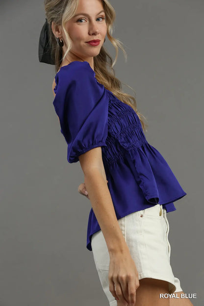 Satin Square Neck Puff Sleeve Smocked Peplum Top