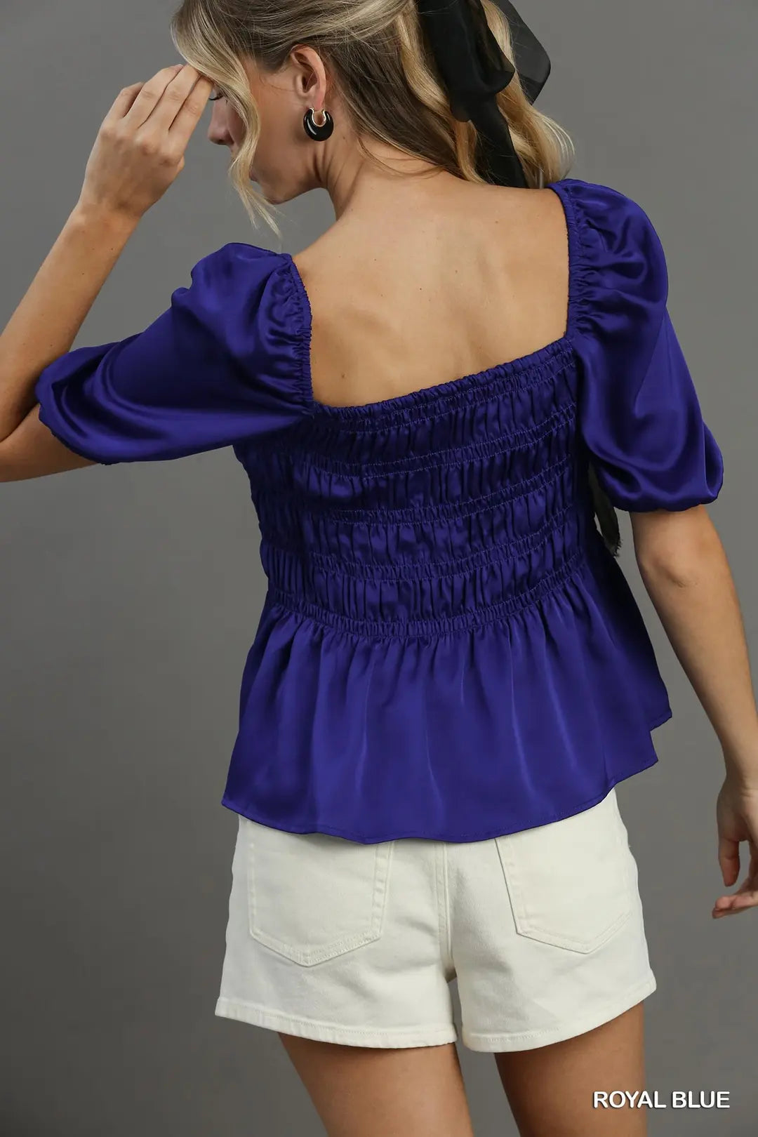 Satin Square Neck Puff Sleeve Smocked Peplum Top