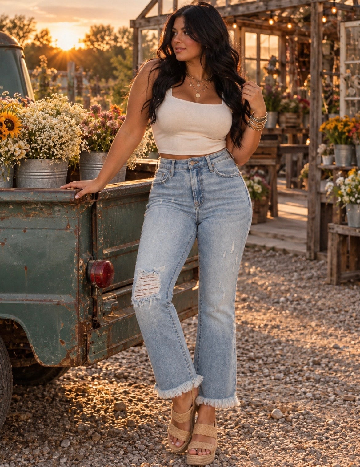 High Rise Crop Bootcut Frayed Light Jeans
