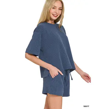 Ribbed Half Sleeve Tee & Short Pants 2PC Set