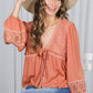 Eyelet Lace Tie Front V-Neck Long Puff Blouse Top