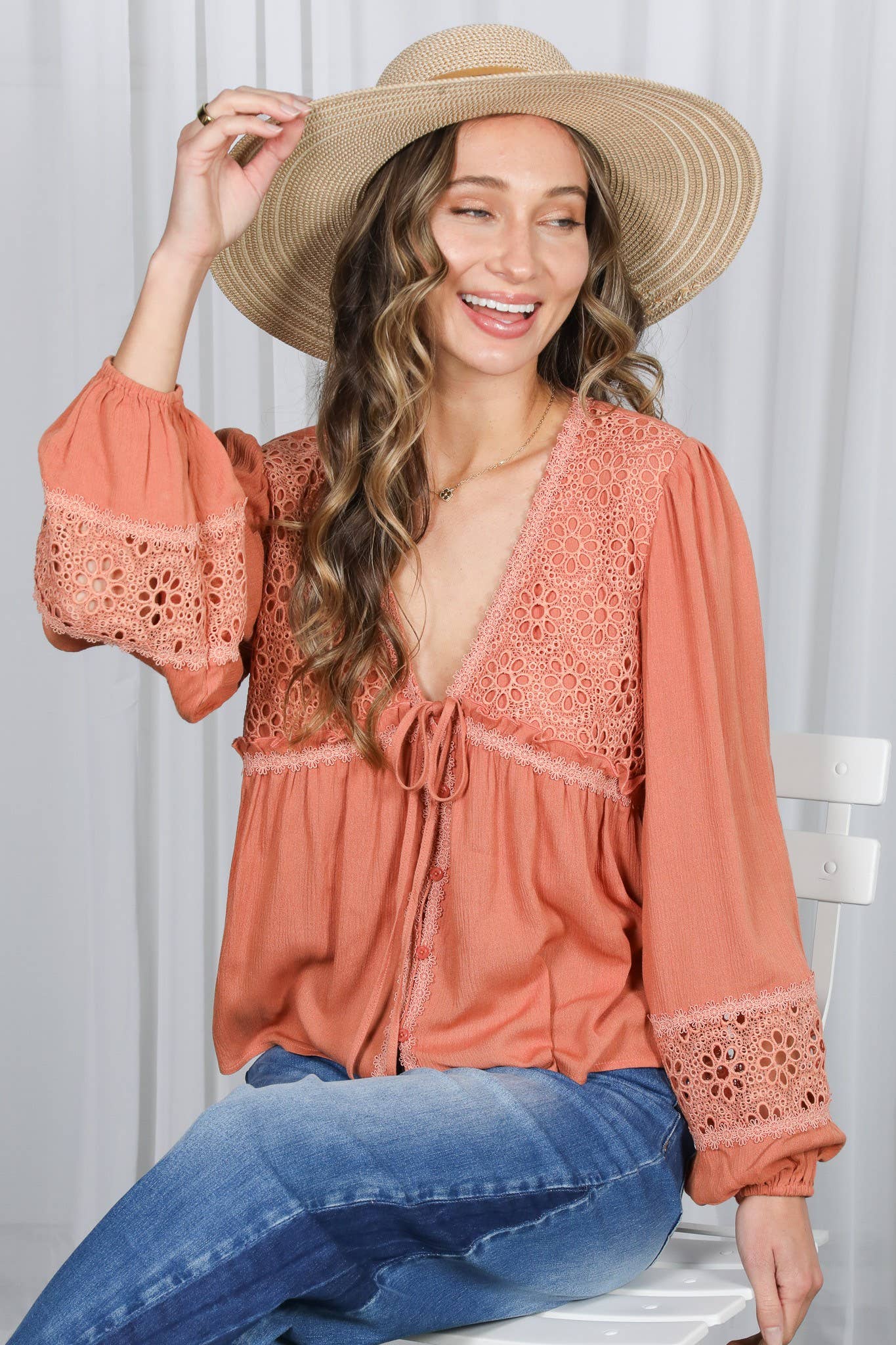 Eyelet Lace Tie Front V-Neck Long Puff Blouse Top