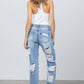 High Rise Heavy Destroyed Frayed Hem Straight Jeans