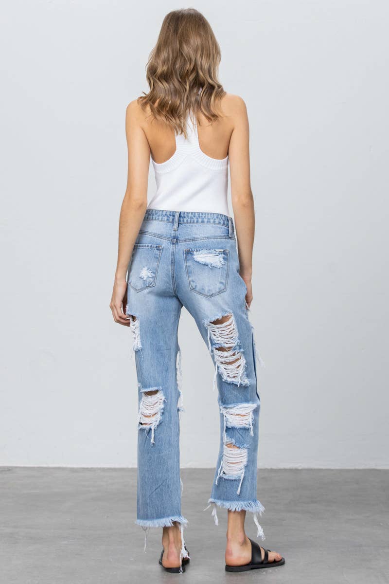 High Rise Heavy Destroyed Frayed Hem Straight Jeans