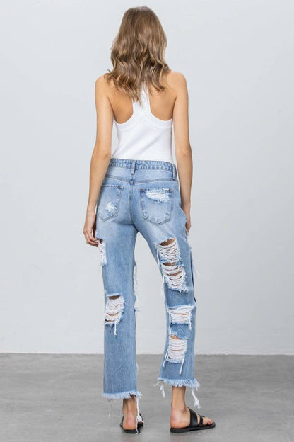 High Rise Heavy Destroyed Frayed Hem Straight Jeans - Southern Sassy Boutique