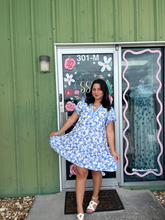 Blue Floral V-Neck Flutter Sleeve Tiered Dress