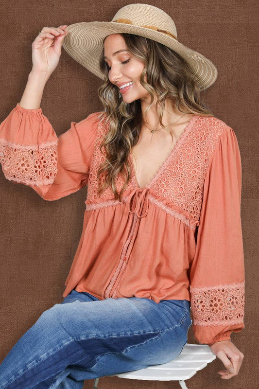 Eyelet Lace Tie Front V-Neck Long Puff Blouse Top