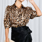 Leopard-Print Collared Puff Sleeve Satin Blouse