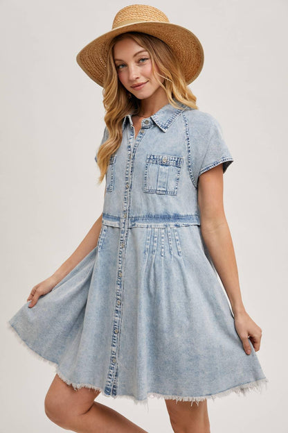 DENIM BUTTON DOWN SHIRT MINI DRESS - Southern Sassy Boutique