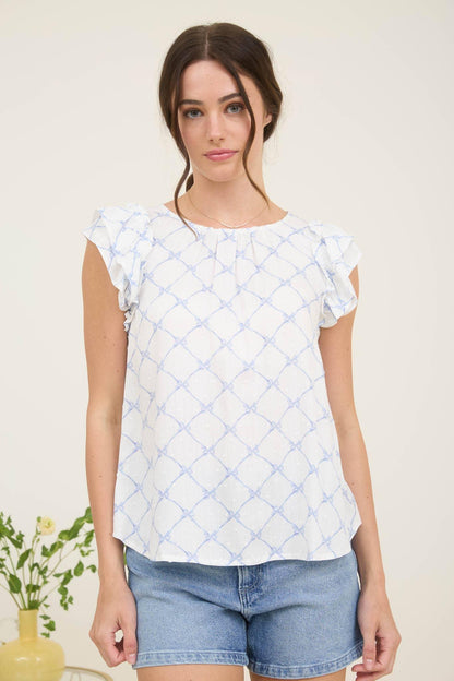 BOW CLIP DOT PATTERN RUFFLE SLEEVE BLOUSE - Southern Sassy Boutique