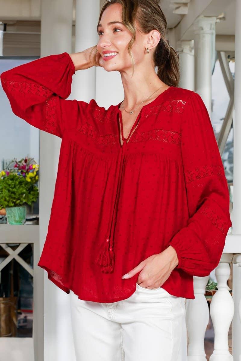 Lace Trim Swiss Dot Rayon Gauze Tassel Tie Neck Top VT82515- - Southern Sassy Boutique