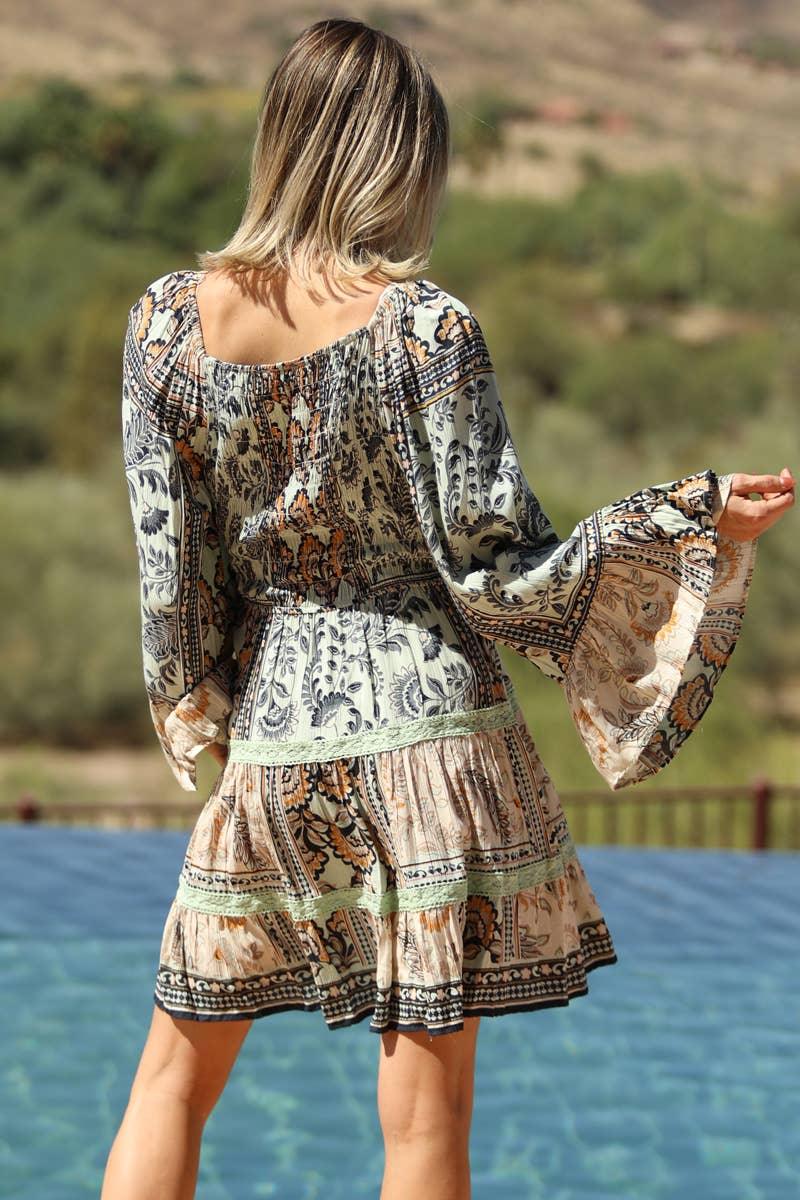 Floral Mint Long Sleeve Bodice Lace Time Dress