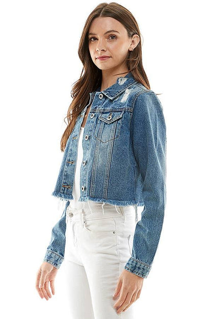 Ladies Distressed Denim Jacket - Southern Sassy Boutique