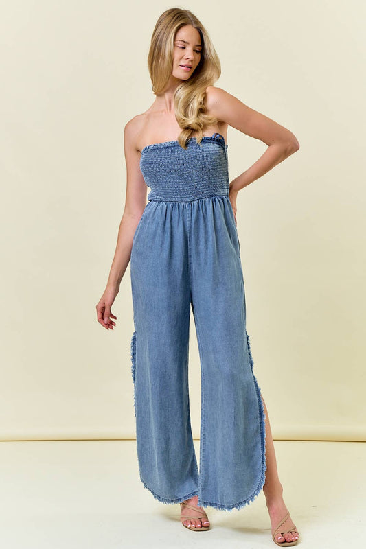 Smocked Strapless Jumpsuit W/Frayed detail