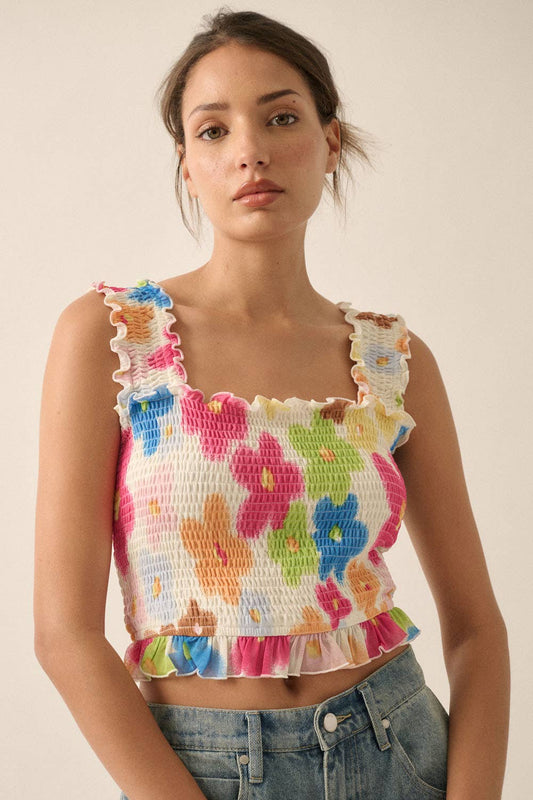 Floral-Print Mesh Smocked Ruffle Cami Top