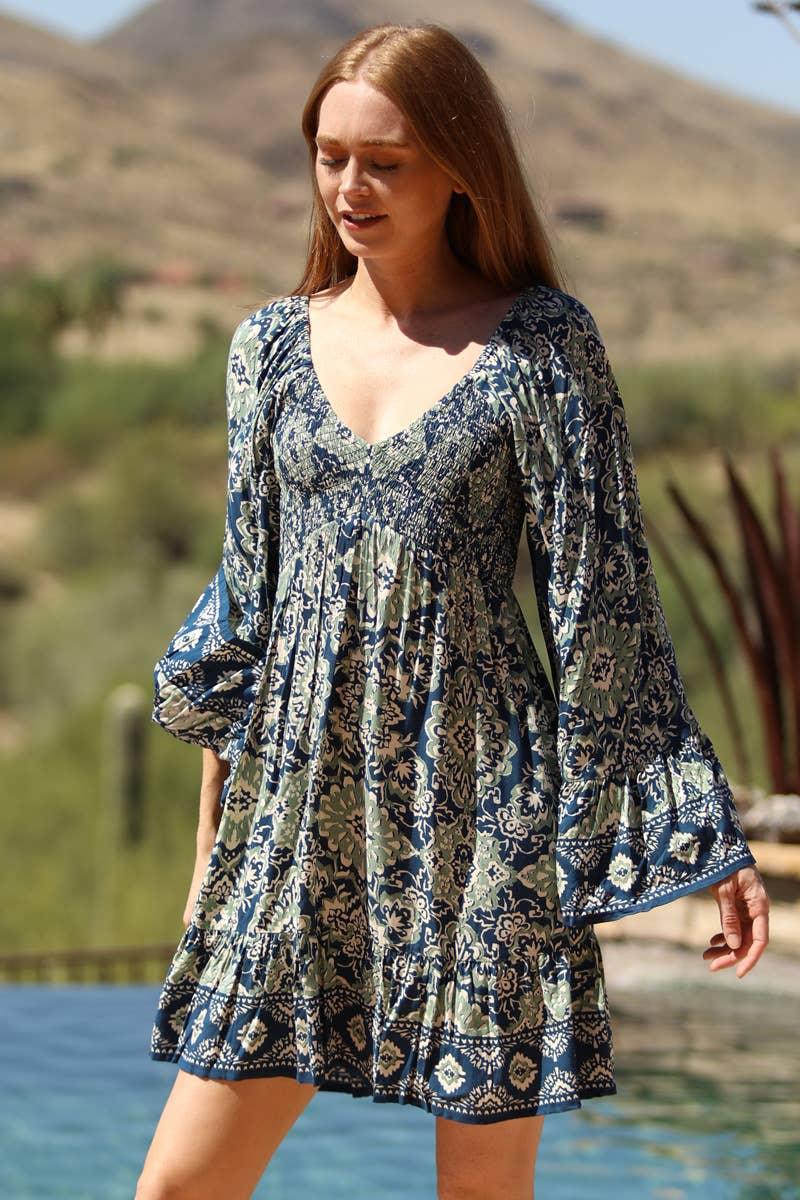 V NECK SMOCKED BUST WIDE BELL SLEEVE PRINTED DRES