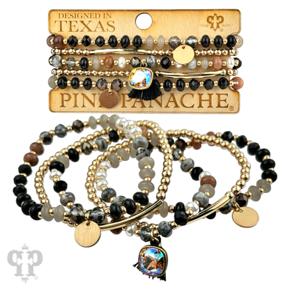 Tones of brown, pearl and gold tone bracelet stack, Austrian crystal
