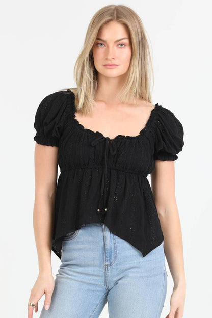 EYELET EMBOIDERED PUFF SLEEVE HANKY HEM TOP - Southern Sassy Boutique