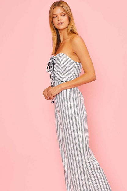 Strapless Front Cross Tie Stripe Jumpsuit